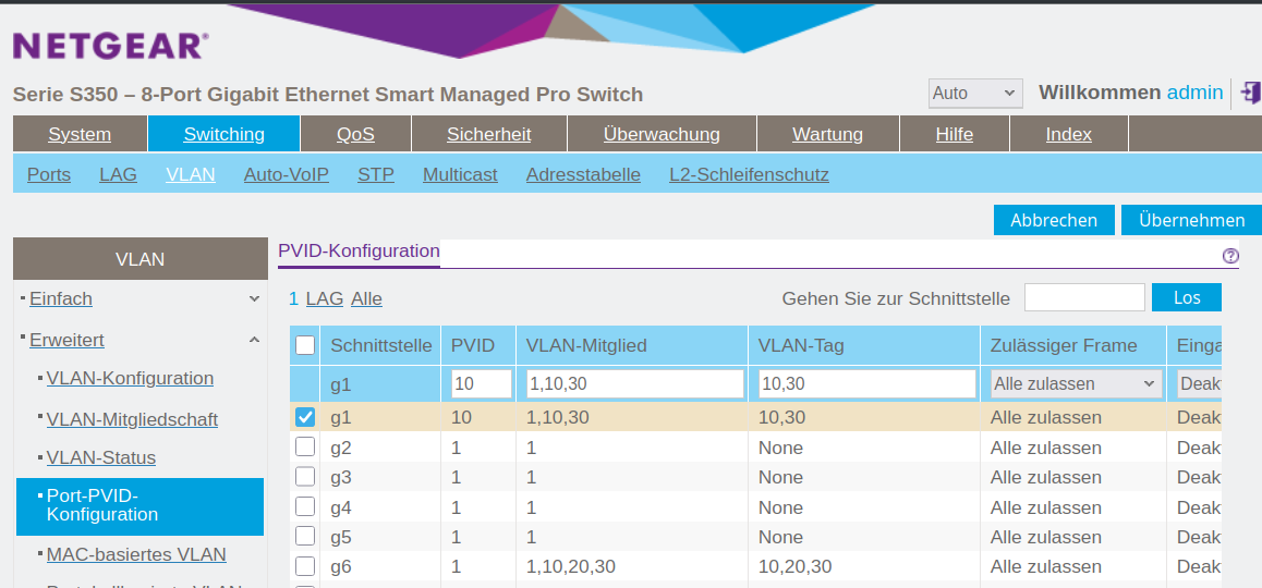 Screenshot of the “Port-PVID-Konfiguration” page on a Netgear S350 switch. The table shows port-based VLAN configuration. Ports where VLAN 30 is configured: g1: PVID: 10, VLAN Member: 1,10,30, VLAN Tag: 10,30; g6: PVID: 1, VLAN Member: 1,10,30, VLAN Tag: 10,30. Other ports (g2 to g5) are not members of VLAN 30. The active section in the sidebar is Port-PVID-Konfiguration under “Erweitert” (German for Advanced).