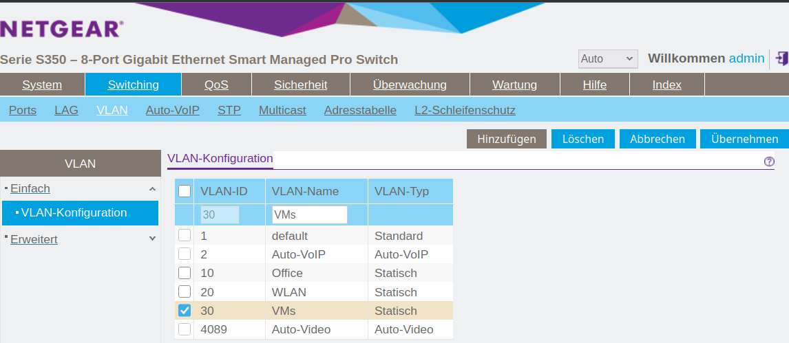 Screenshot of the VLAN configuration page on a Netgear S350 Smart Managed Pro Switch (example). The interface lists VLANs with their IDs, names, and types. VLAN 30 named "VMs" is selected and set as Statisch (Static). Other VLANs include ID 1 (default), 2 (Auto-VoIP), 10 (Office), 20 (WLAN), and 4089 (Auto-Video). The user is in the “Switching” > “VLAN” > “VLAN-Konfiguration” section.